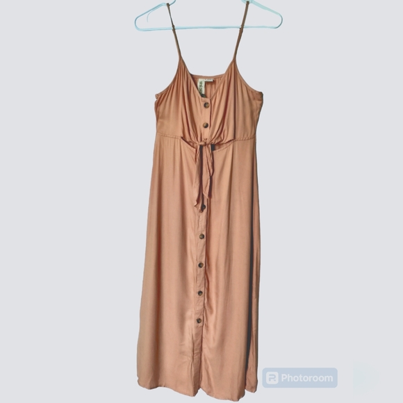 New Mimi Chica tan casual midi dress tie front button down size M - Picture 2 of 13